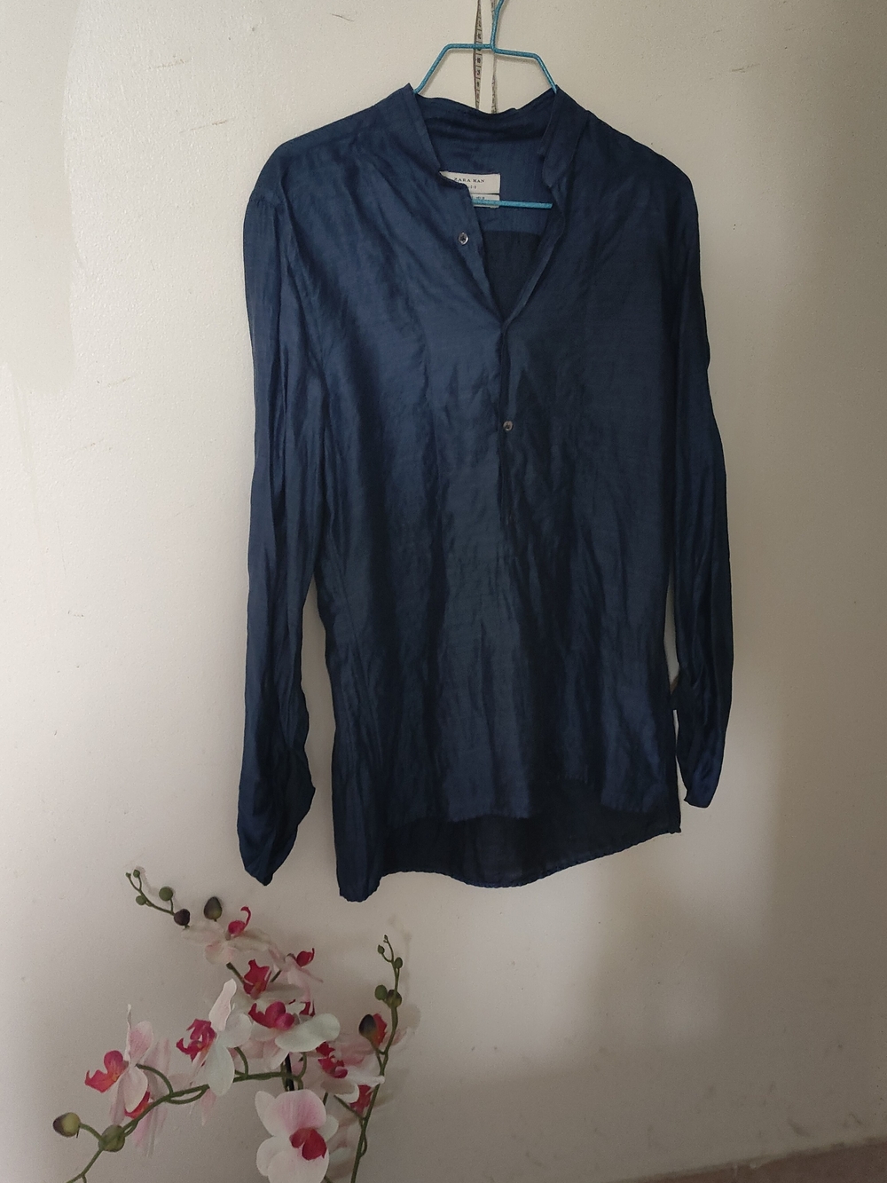 Men's Navy Long-Sleeve Mandarin Collar Shirt